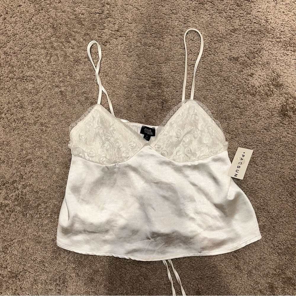 NWT PacSun White Lace-Trim Satin Cami Top